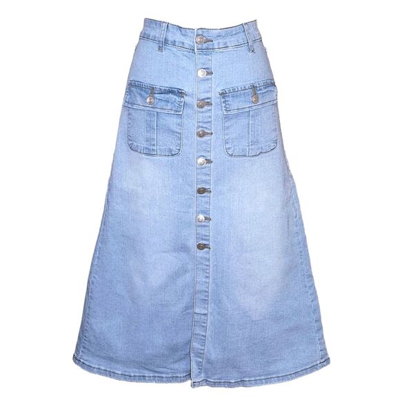 Tala Button Front Cargo Pocket Denim Midi Skirt A-Line Light Blue Women's Medium - Picture 1 of 10